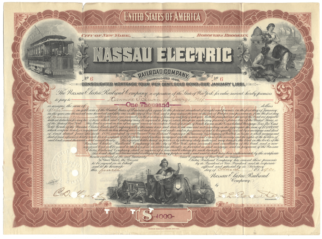 Nassau Electric Railroad Company bond certificate with decorative elements and text.