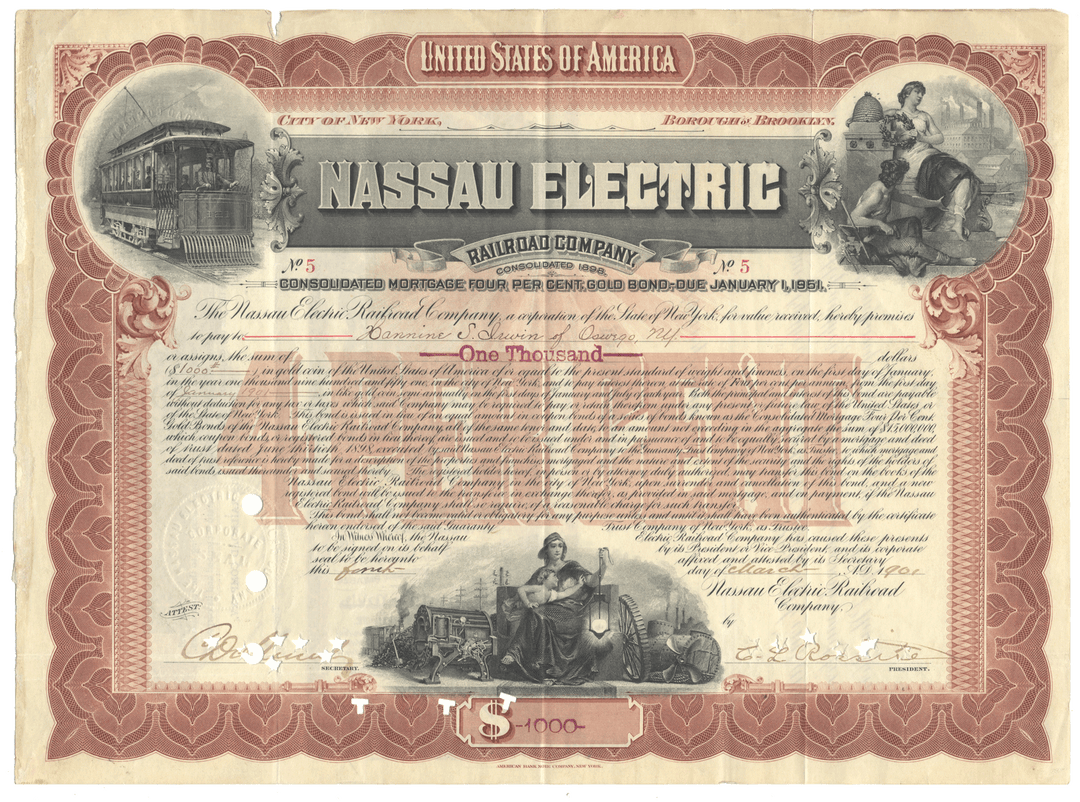 A vintage 1901 Nassau Electric Railroad Company bond certificate