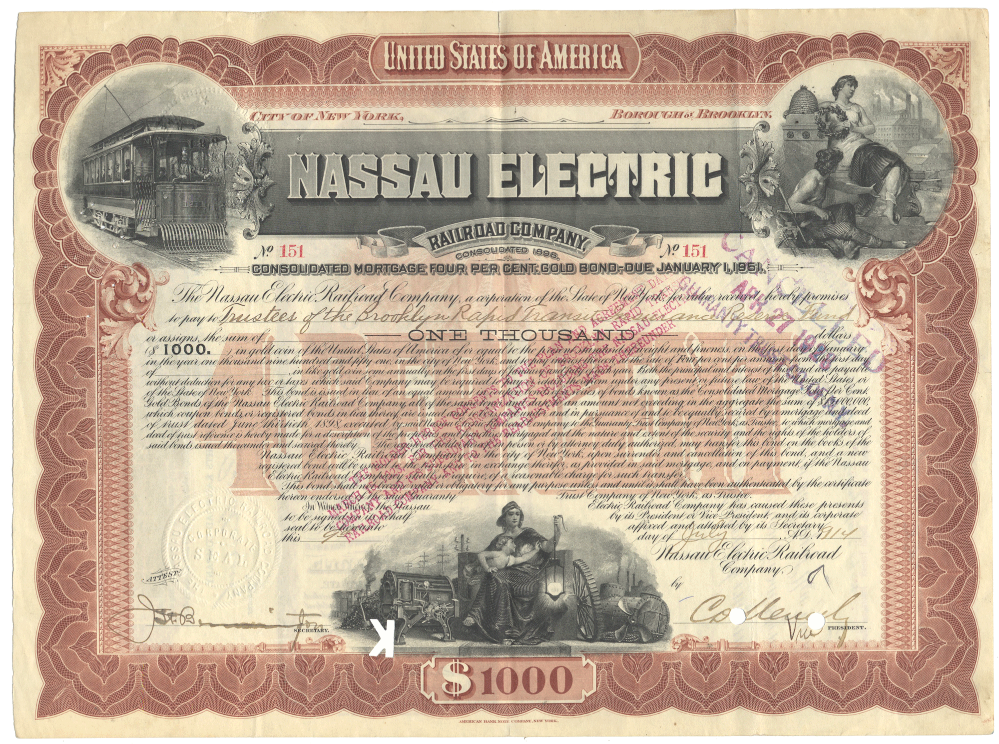 A vintage 1914 Nassau Electric Railroad Company bond certificate