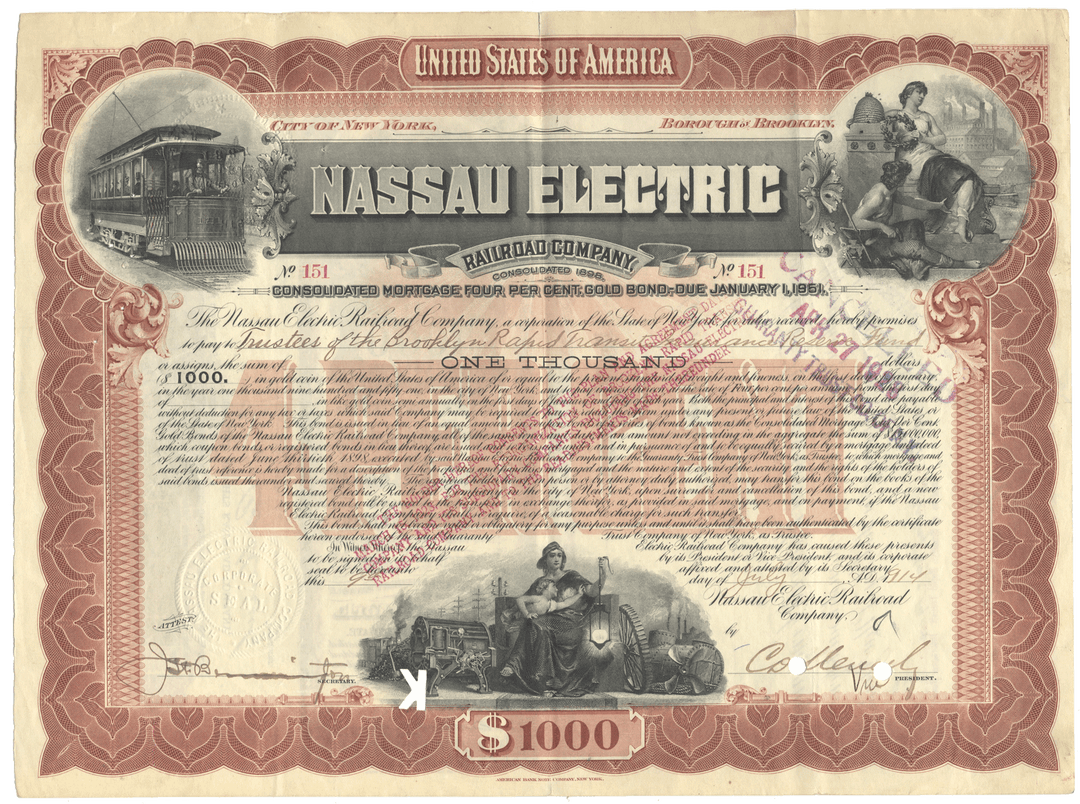 A vintage 1914 Nassau Electric Railroad Company bond certificate