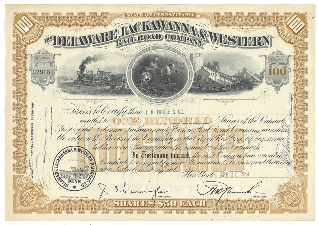 A vintage Delaware, Lackawanna & Western Railroad Company stock certificate dated 1959