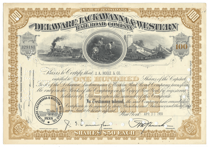 A vintage Delaware, Lackawanna & Western Railroad Company stock certificate dated 1959