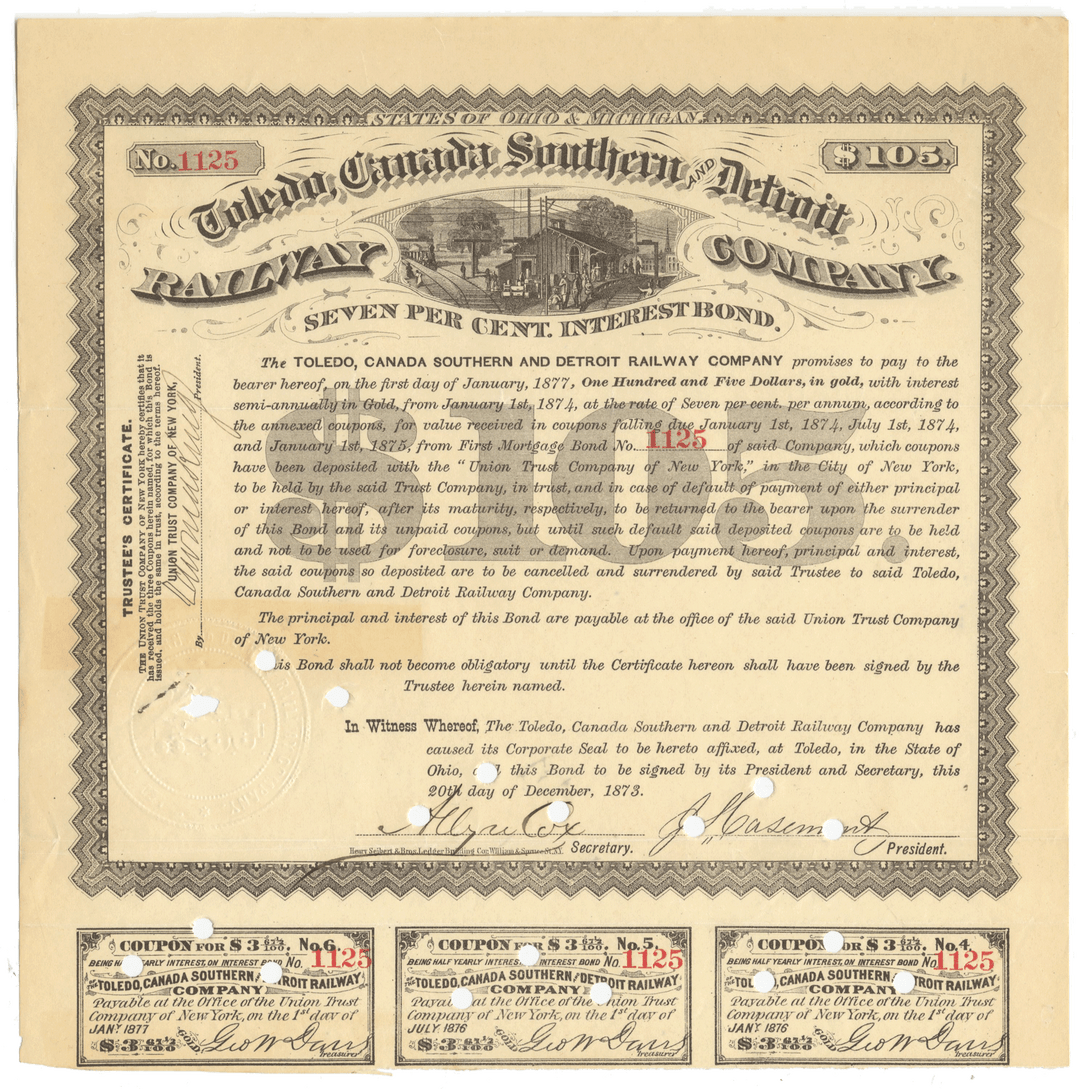 Toledo, Canada Southern and Detroit Railway CompanyInterest Bond Signed by John Casement
