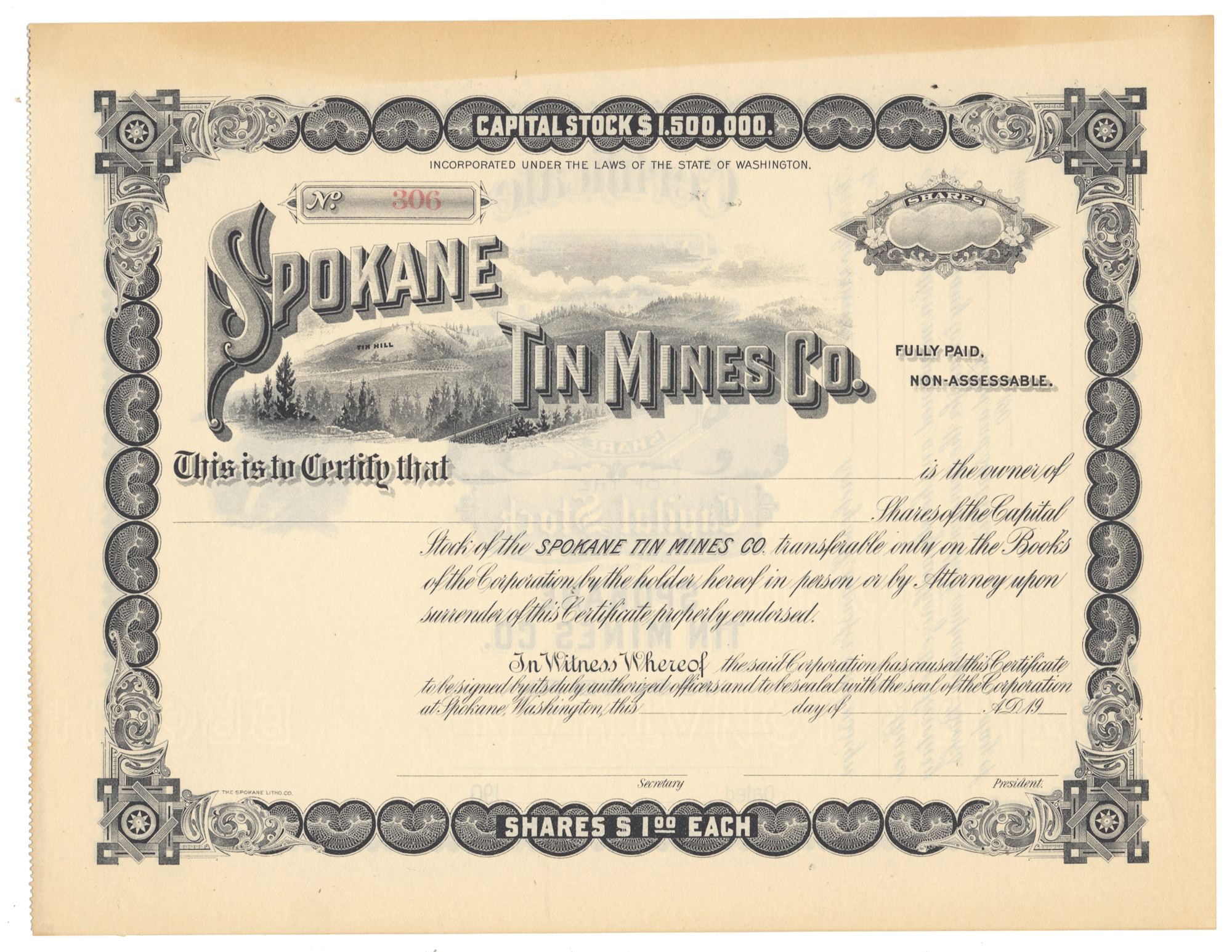 Spokane Tin Mines Co stock certificate with a vignette of Tin Hill