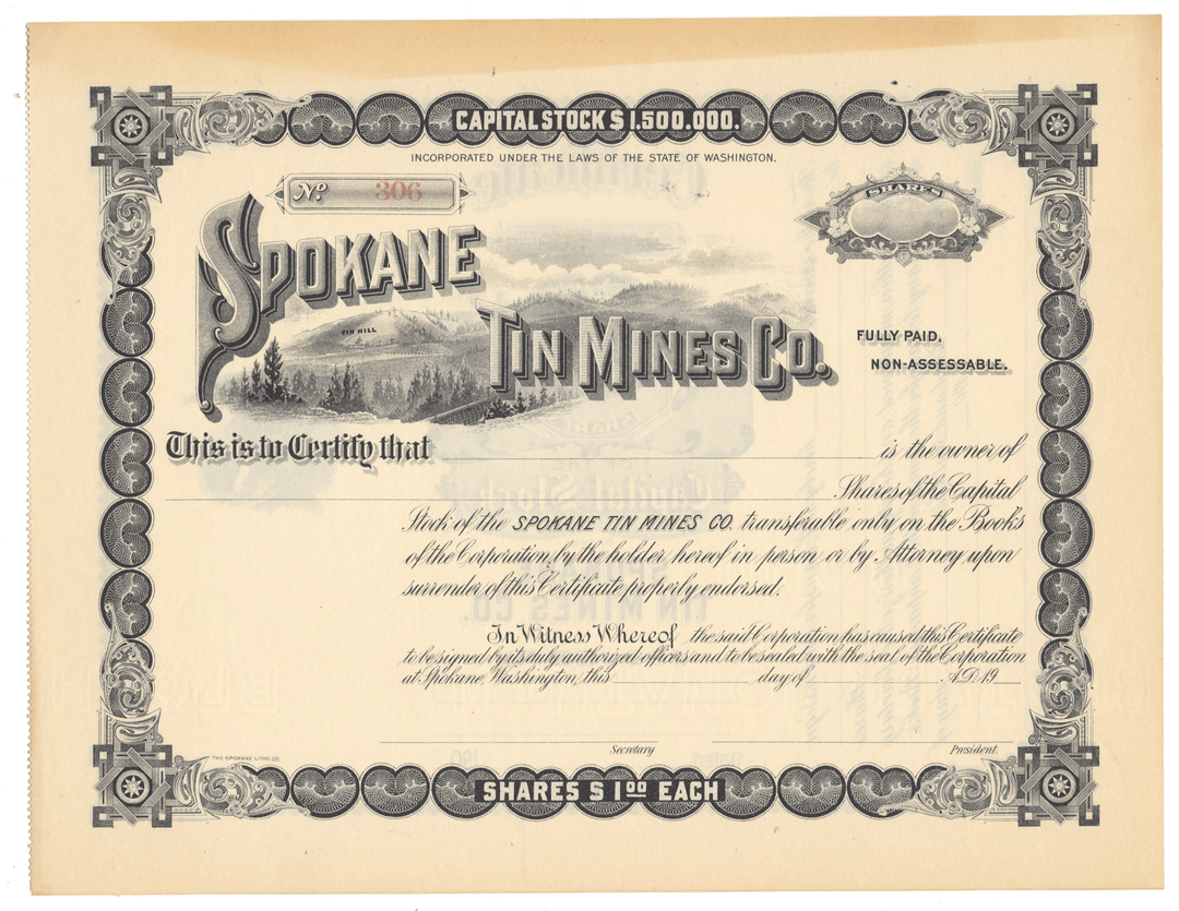 Spokane Tin Mines Co stock certificate with a vignette of Tin Hill