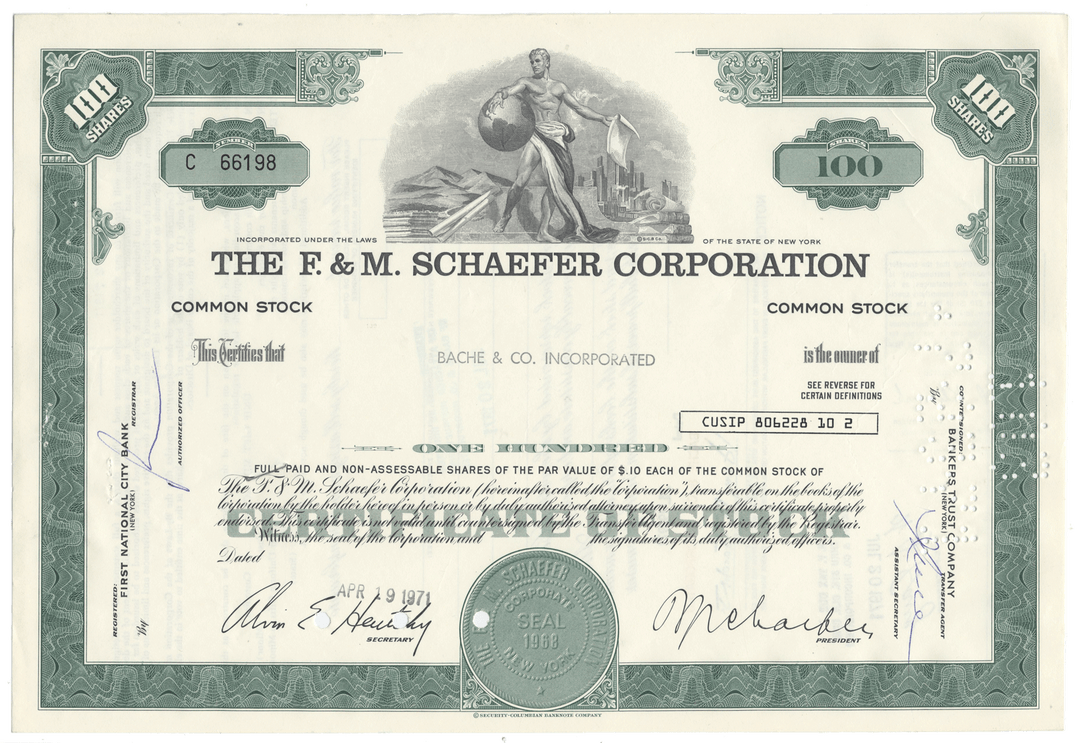 F. & M. Schaefer Corporation Stock Certificate