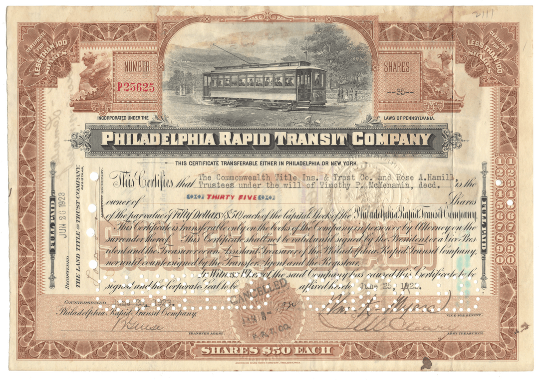 Philadelphia Rapid Transit Company Stock Certificate