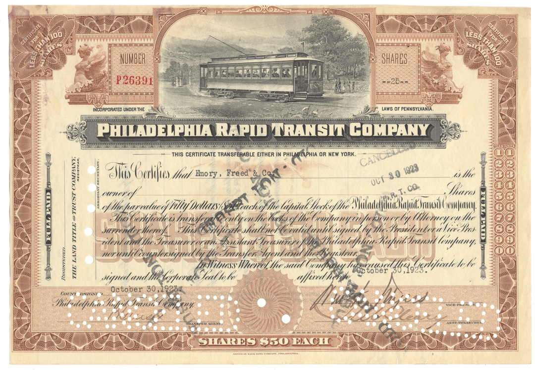 Philadelphia Rapid Transit Company stock certificate with tram illustration fromk 1923