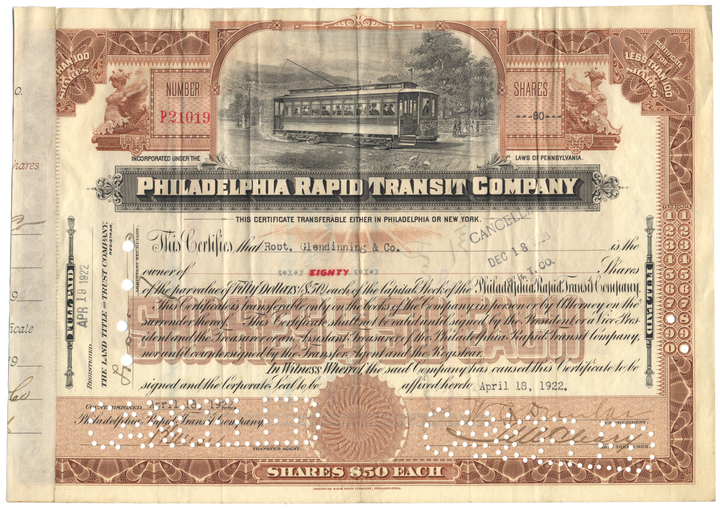 Philadelphia Rapid Transit Company Stock Certificate