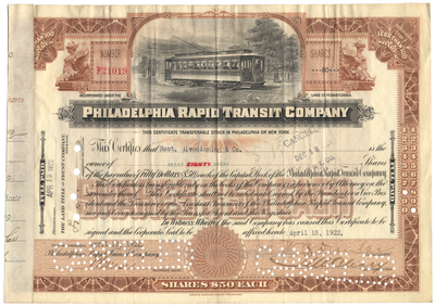 Philadelphia Rapid Transit Company Stock Certificate