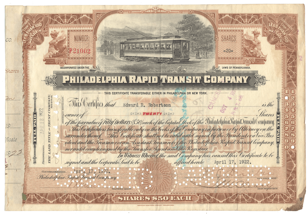 Philadelphia Rapid Transit Company Stock Certificate