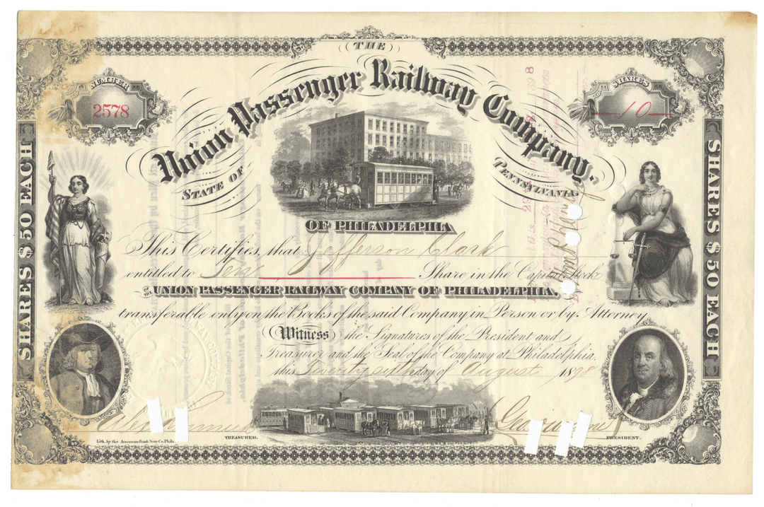 Union Passenger Railway Company of Philadelphia  Stock Certificate Signed by George Widener
