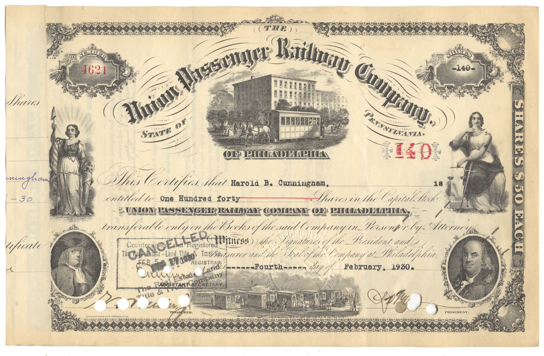 Vintage stock certificate for the Union Passenger Railway Company of Philadelphia from 1930