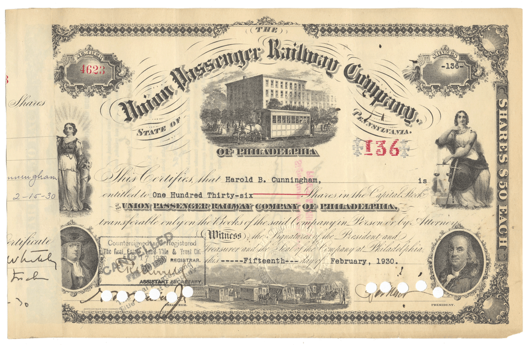 Vintage stock certificate for the Union Passenger Railway Company of Philadelphia with decorative elements and text from 1930