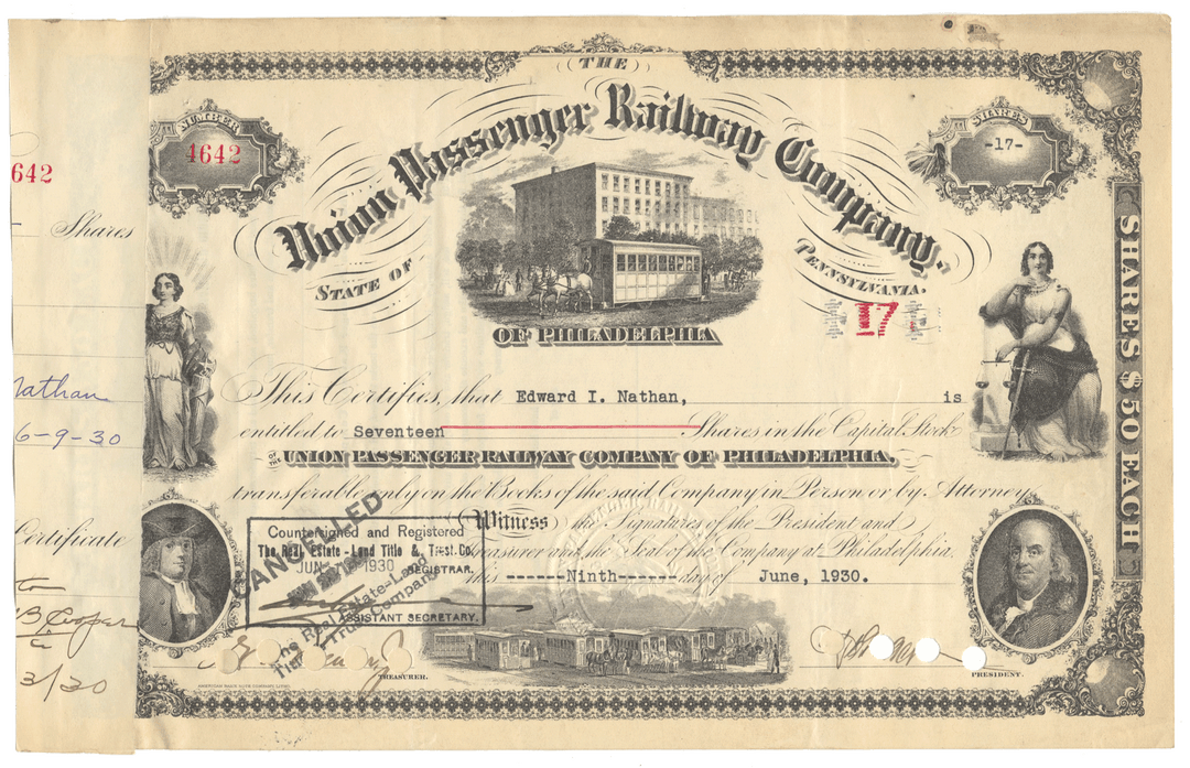 Vintage stock certificate for the Union Passenger Railway Company of Philadelphia from 1930