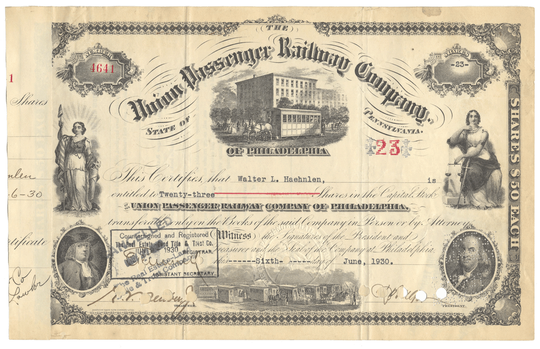 Vintage stock certificate from the Union Passenger Railway Company of Philadelphia with illustrations and text from 1930