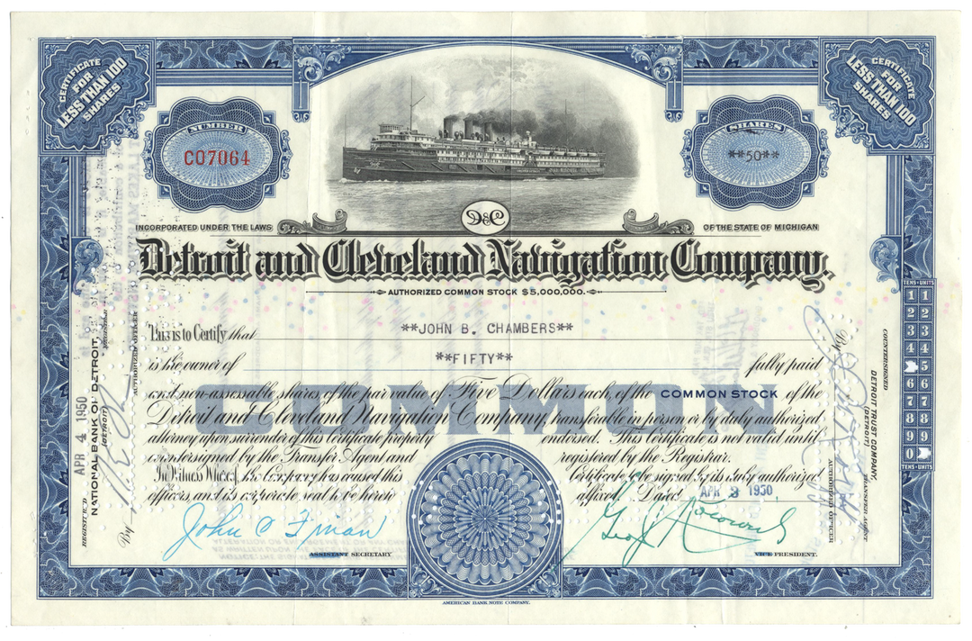 Detroit and Cleveland Navigation Company Stock Certificate