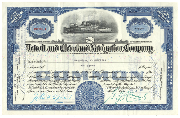 Detroit and Cleveland Navigation Company Stock Certificate