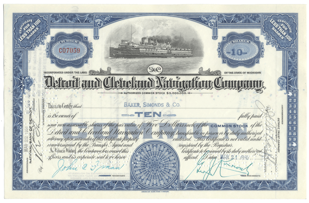 Stock certificate from the Detroit and Cleveland Navigation Company with blue and black design.