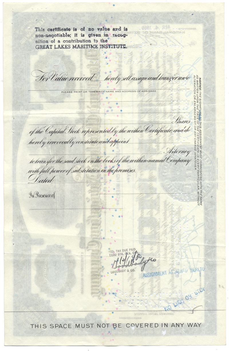 Detroit and Cleveland Navigation Company Stock Certificate