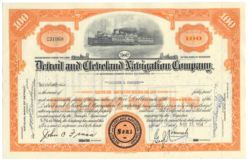 Detroit and Cleveland Navigation Company Stock Certificate