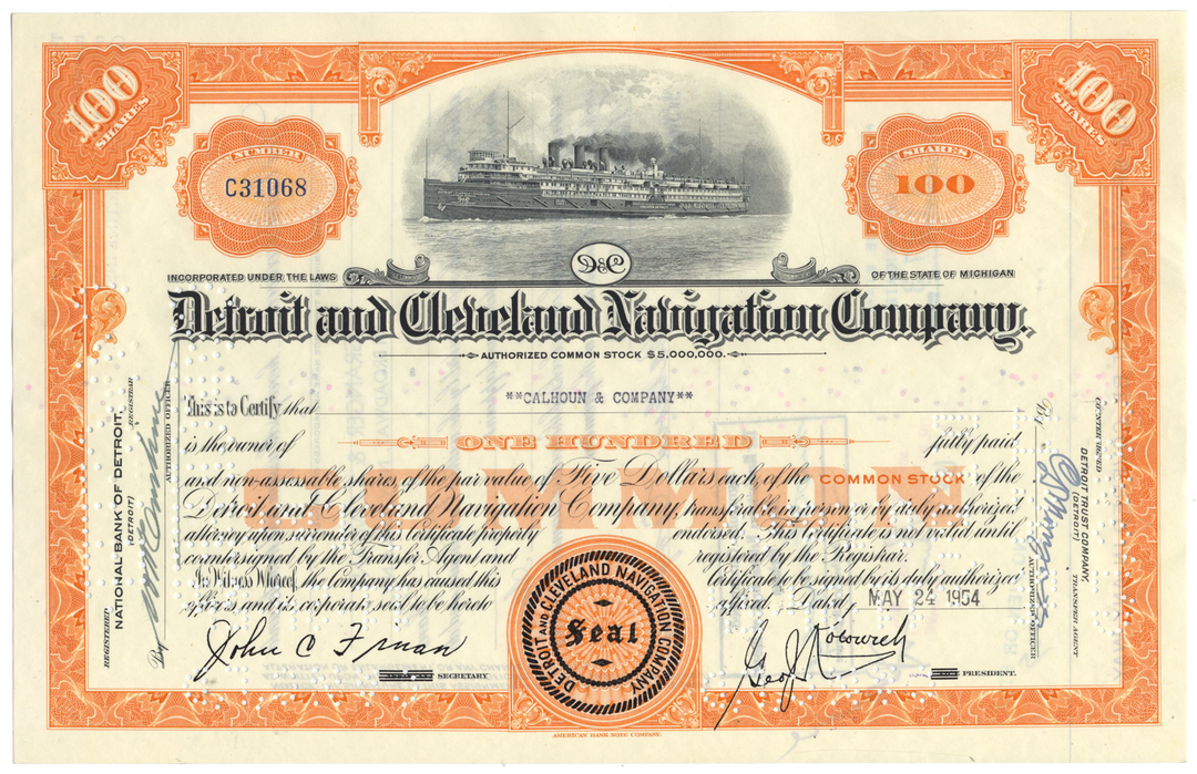 Detroit and Cleveland Navigation Company Stock Certificate