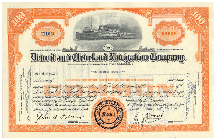 Detroit and Cleveland Navigation Company Stock Certificate