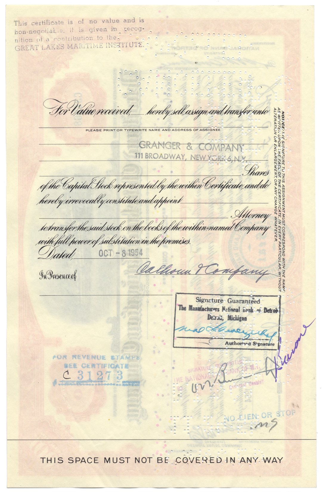 Detroit and Cleveland Navigation Company Stock Certificate