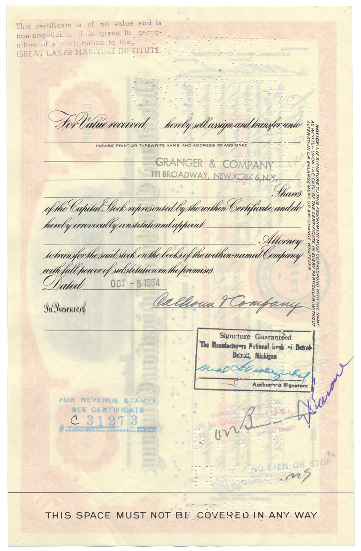 Detroit and Cleveland Navigation Company Stock Certificate