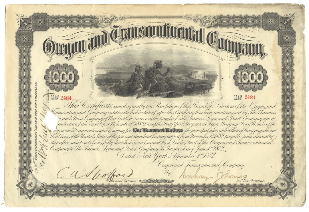 Vintage stock certificate for the Oregon and Transcontinental Company with ornate design and text.