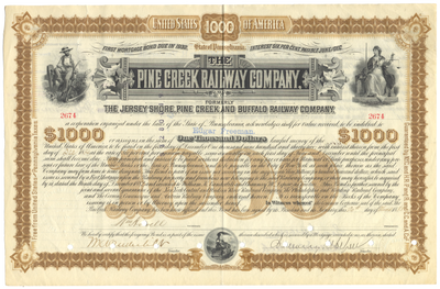 Pine Creek Railway Company Bond Certificate Signed by William K. Vanderbilt and Chauncey DePew