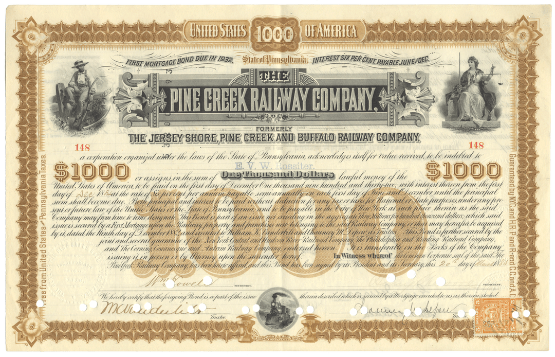 Pine Creek Railway Company Bond Certificate Signed by William K. Vanderbilt and Chauncey DePew