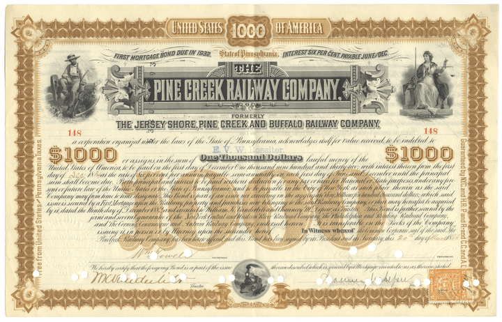 Pine Creek Railway Company Bond Certificate Signed by William K. Vanderbilt and Chauncey DePew