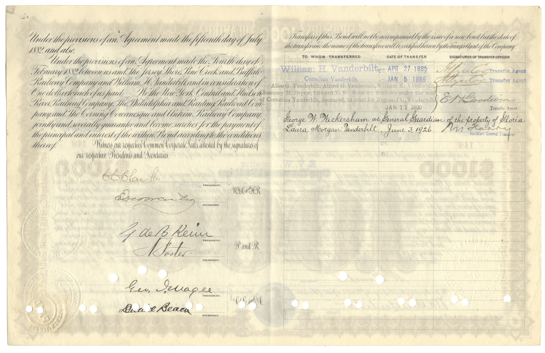 Pine Creek Railway Company Bond Certificate Signed by William K. Vanderbilt and Chauncey DePew