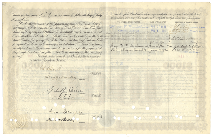 Pine Creek Railway Company Bond Certificate Signed by William K. Vanderbilt and Chauncey DePew