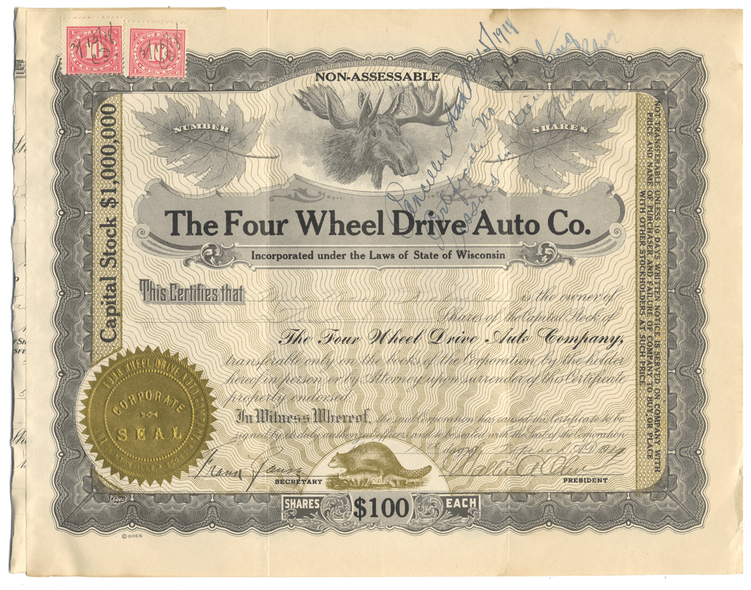 Four Wheel Drive Auto Co. Stock Certificate