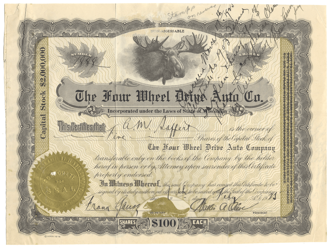 Vintage stock certificate for The Four Wheel Drive Auto Co. with a moose illustration.