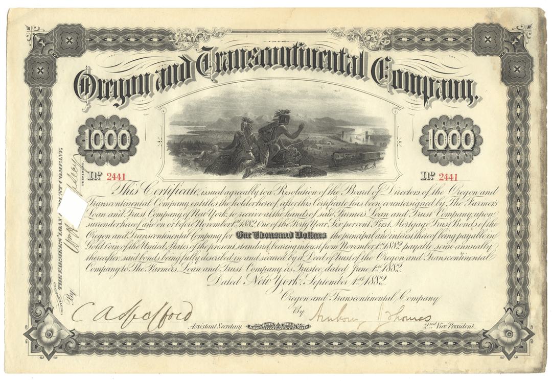 Vintage bond certificate from the Oregon and Transcontinental Company from 1882