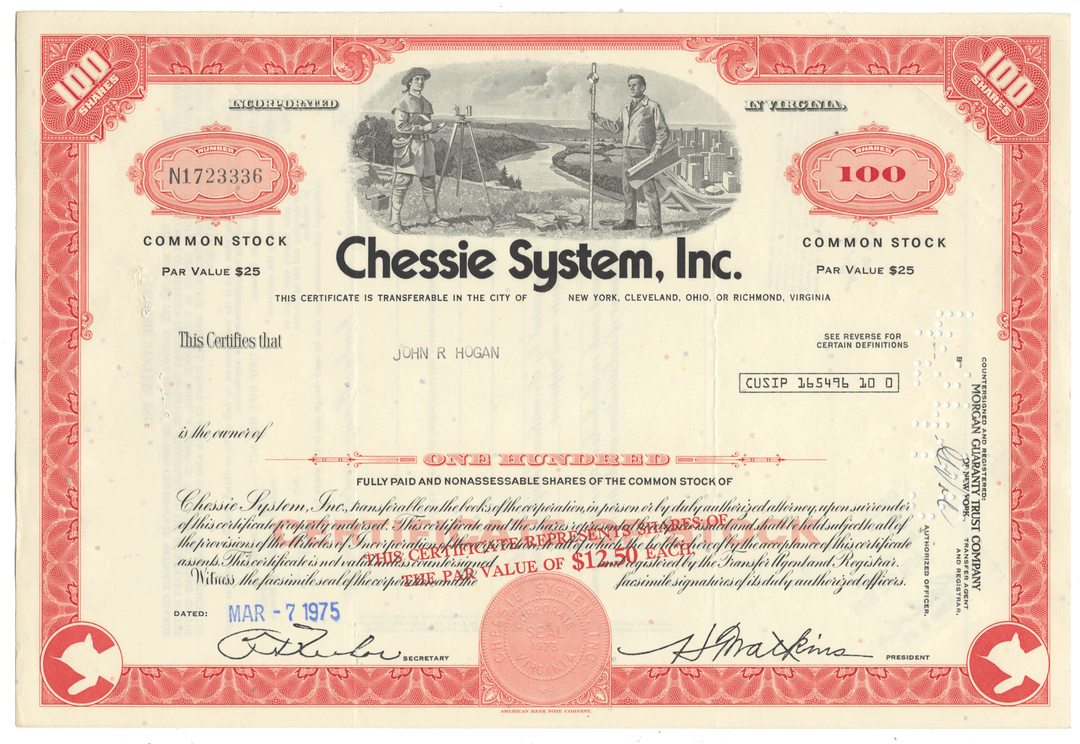 Vintage stock certificate for Chessie System, Inc. from 1975