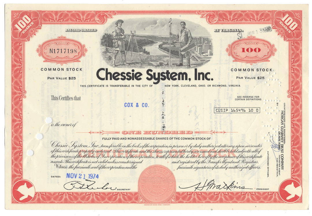 Chessie System, Inc. stock certificate from 1974