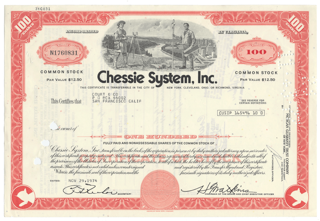 Chessie System, Inc. stock certificate from 1974