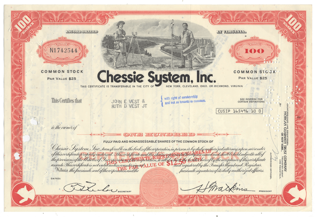 A vintage 100-share stock certificate for Chessie System, Inc.
