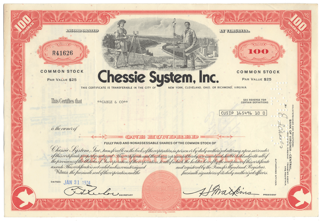 Vintage stock certificate for Chessie System, Inc. with red and black design.