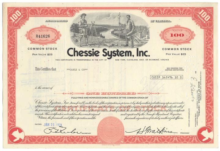 Vintage stock certificate for Chessie System, Inc. with red and black design.