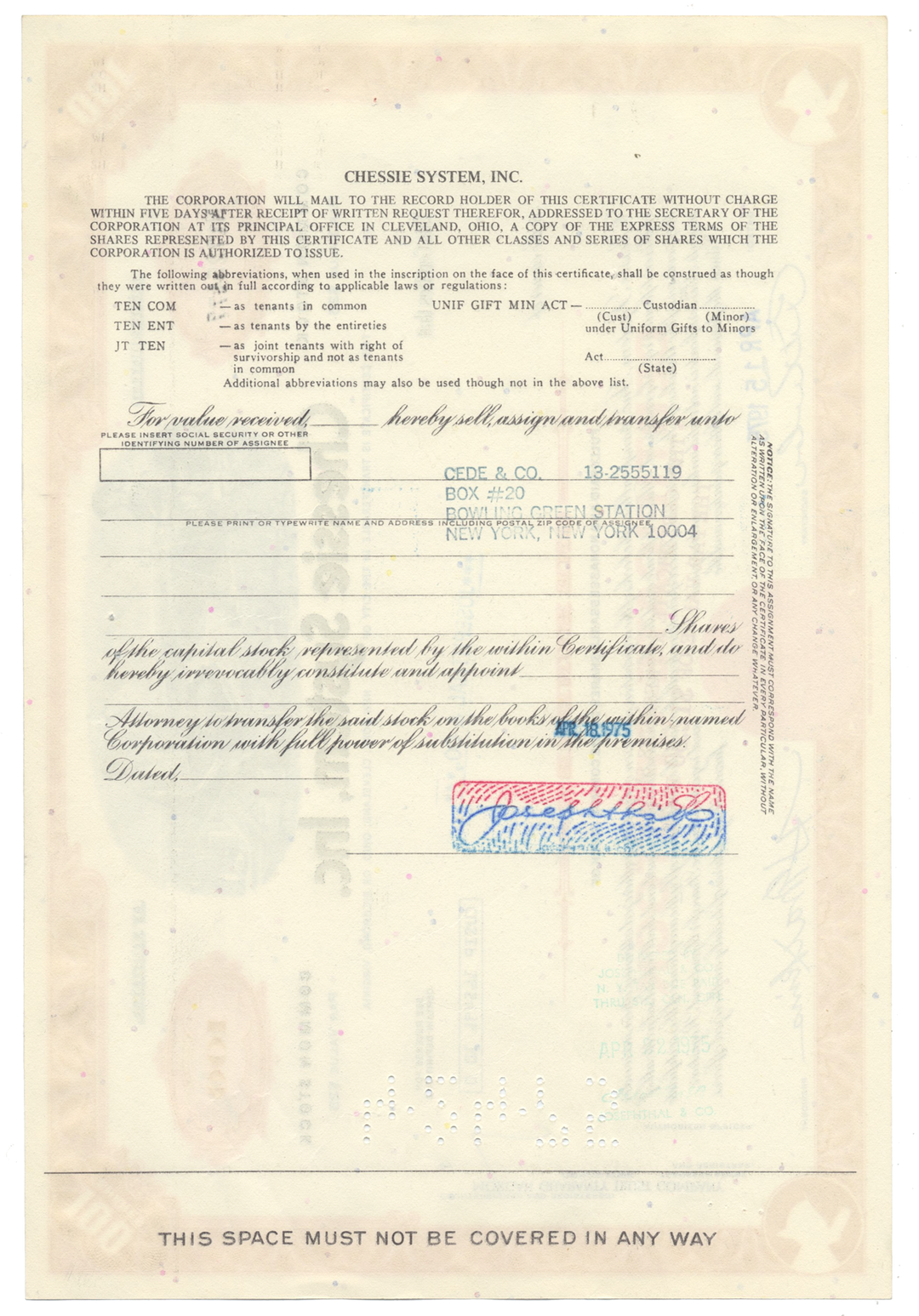 Chessie System, Inc. Stock Certificate