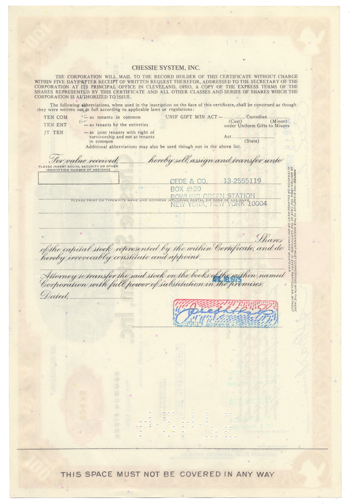 Chessie System, Inc. Stock Certificate