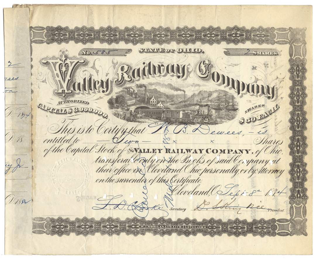 Valley Railway Company stock certificate from 1874 with scenic illustration and text.