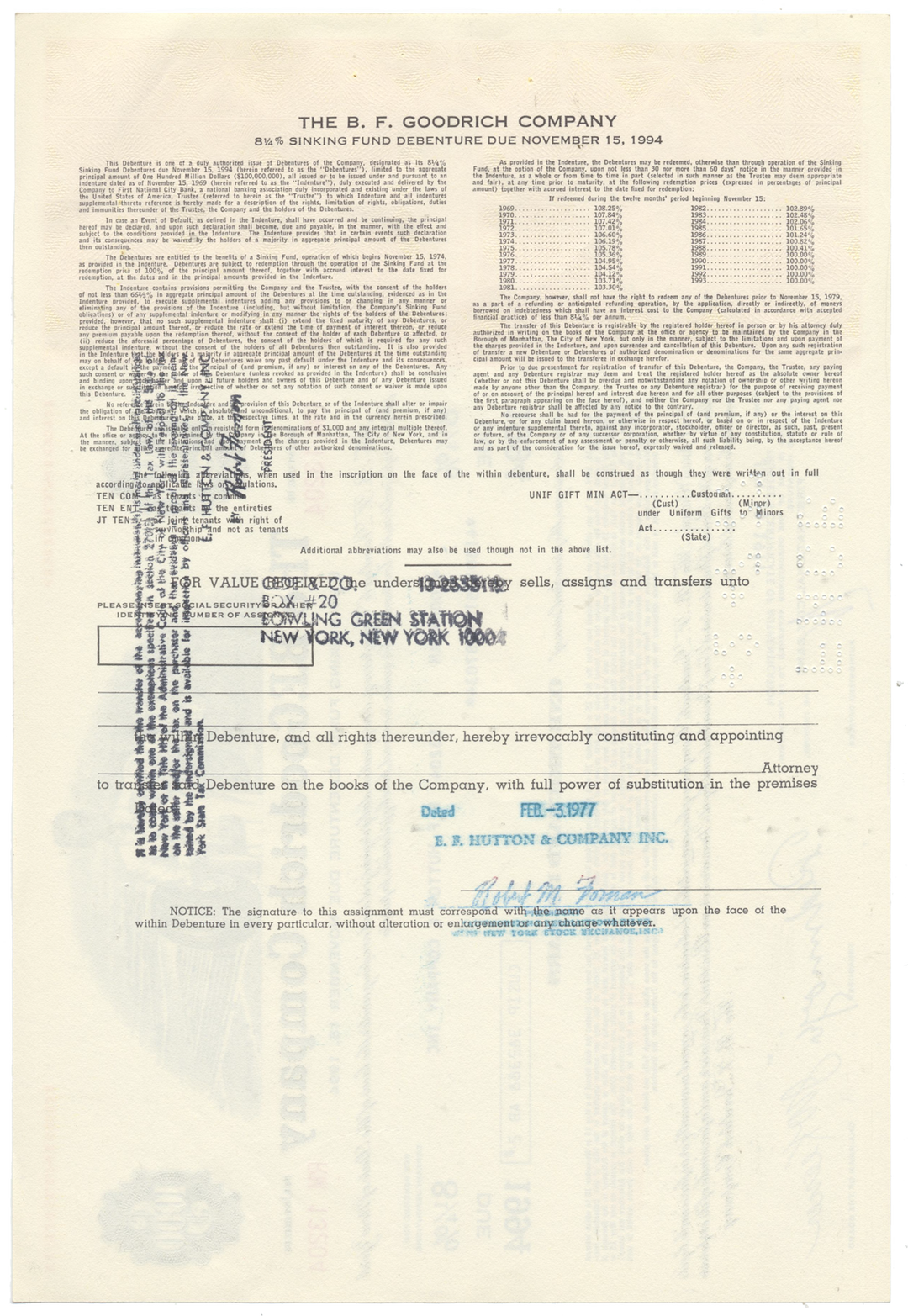 B. F. Goodrich Company Bond Certificate