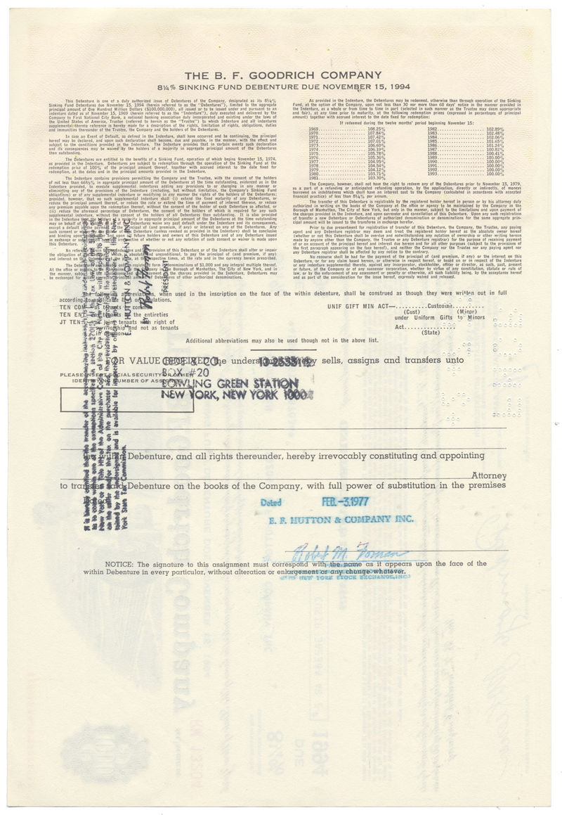 B. F. Goodrich Company Bond Certificate