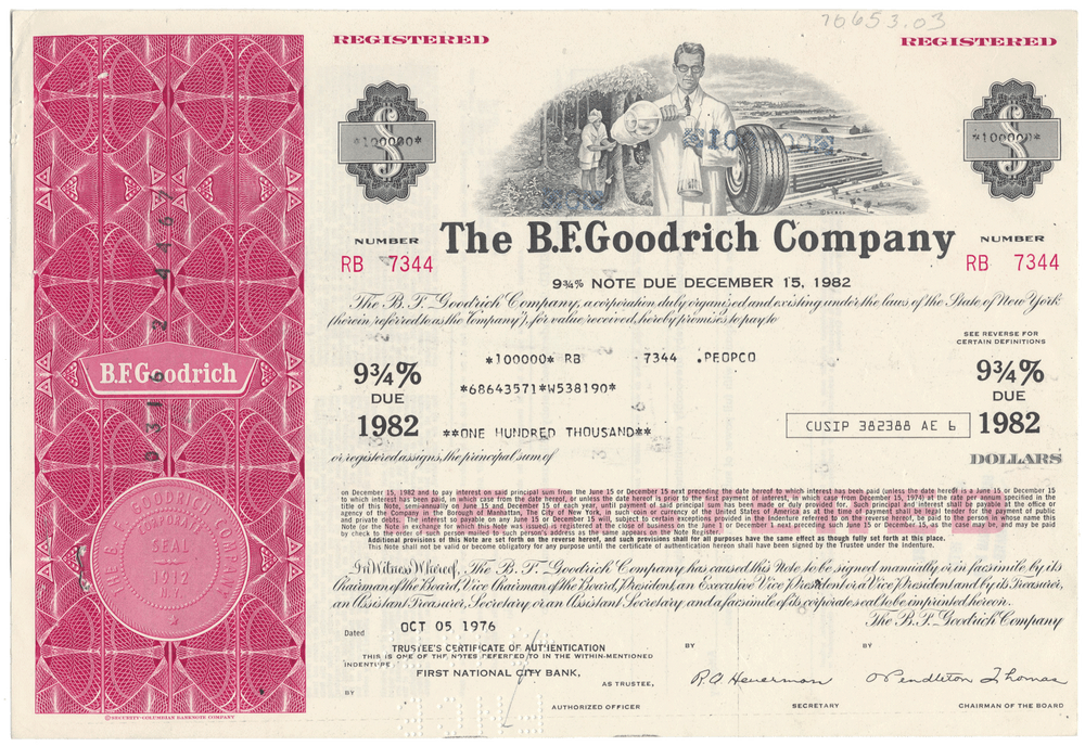 Vintage bond certificate from The B.F. Goodrich Company with decorative elements and text.
